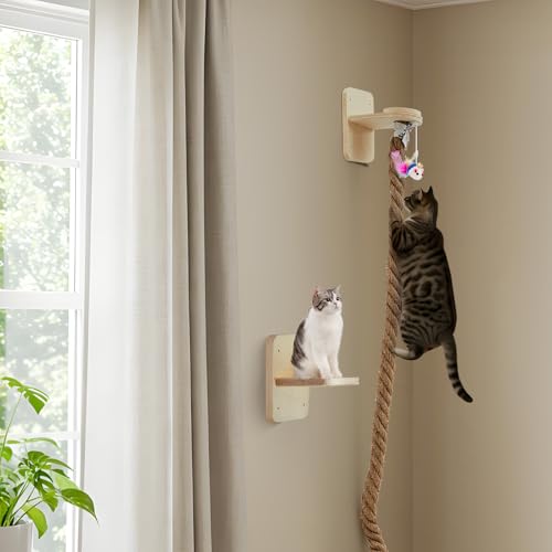 Weysat 2" x 4.92 ft Cat Climbing Rope with 2 Jumping Platform Wall Mounted Thick Jute Cat Scratching Post Furniture Wall Climbing System for Kittens & Large Cats(Wood,with Toys) - color: Wood, style: with Toys