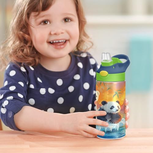OTVEE Polar Bears Pandas Kids Water Bottle with Straw Lid Insulated Stainless Steel Cup Insulated Tumbler for Boys School 12 oz - color: Polar Bears and Pandas