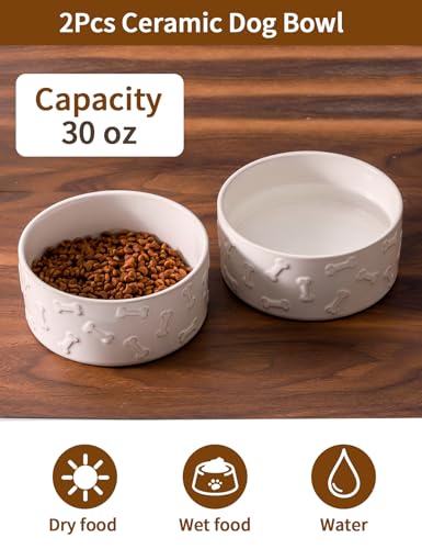 UBEE Ceramic Dog Bowl Set of 2, Dog Food Bowl Dish, Pet Food Water Dish Feeding for Small and Meidum Dogs and Large Cat, White, Bone Pattern, 6.1 in-Medium - size: 6.1 in-Medium