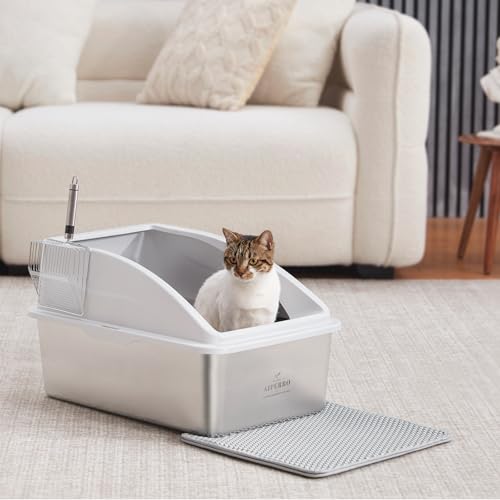 AIPERRO Stainless Steel Litter Box | XXL Deepened 8" Design Enclosed Box with Lid for Big Cats | High Sided, Anti-Urine Leakage | Non-Stick Bottom & Includes Litter Mat & Metal Scoop - color: Silver Grey, size: XX-Large