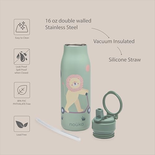 noüka Insulated Stainless Steel Kids Water Bottle | Silicone Straw & Spout | Leak-Proof | BPA-Free | Folding Handle | Pip the Rabbit | 16 Oz