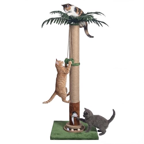 Fantasreen Cat Scratching Post 35'' Tall with Toy Mouse for Indoor Cats, Green - color: Palm Tree-35 inch