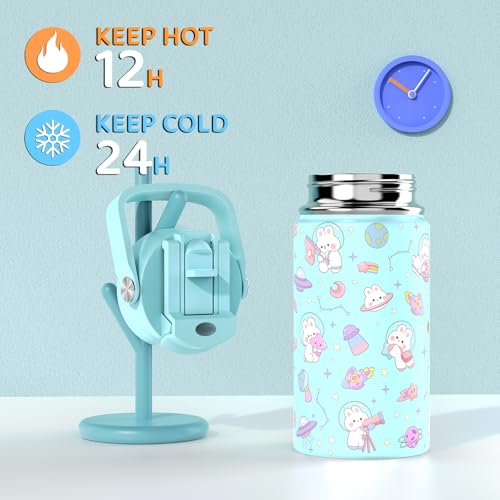 FIXITOK Girls Backpack with 14oz Insulated Water Bottle Set, Kawaii Bunny School Backpack for Girls with Kids Water Bottle Lunch Bag Pencil Case for Kindergarten Elementary Preschool School - color: W-aquamarine