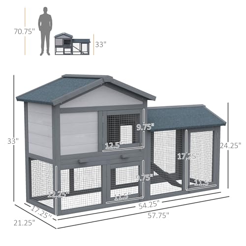PawHut 58" Rabbit Hutch, Wooden Bunny Hutch, Guinea Pig Cage, Small Animal Enclosure with Run Area, Removable Tray, Asphalt Roof, Lockable Doors and Ramp, Dark Gray | Wooden Bunny Hutch, Guinea Pig Cage, Removable Tray, Asphalt Roof, Lockable Doors, for 1