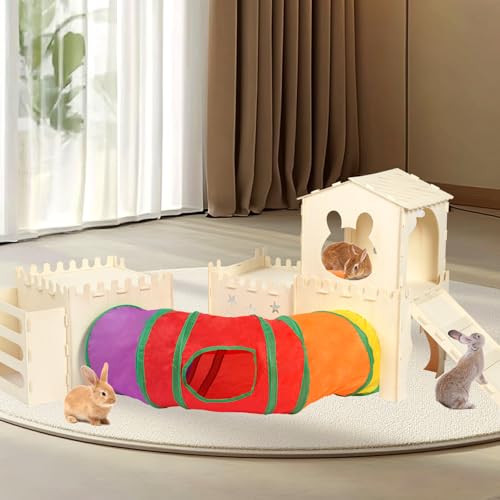 Extra Large Wooden Rabbit Hideout with Tunnels and Hay Feeder - Multistory Bunny Castle with Stairs, Climbing Tower and Sturdy Habitat for Indoor Bunnies, Guinea Pigs, Chinchillas Small Animal - color: -Natural -02