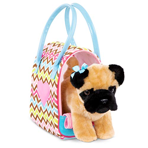 Pucci Pups Plush Puppy Set, Pug with Zigzag Carrier Bag, Pet, 3-Piece Set | 3-piece toy pet set with plush pug, pink zigzag carrier bag, and comb for pretend pet play; mesh zip front; 2+ Years - style: Pug - Zigzag Print Bag