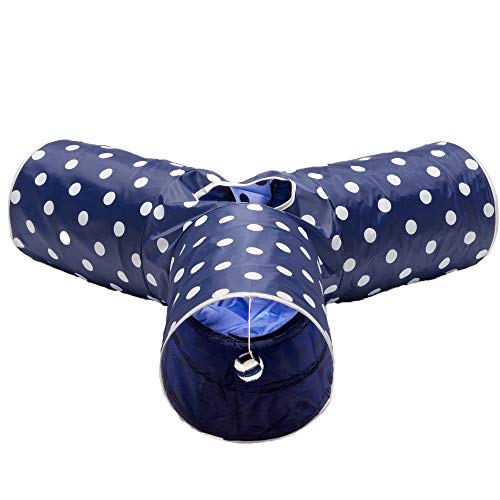 Cat Tunnel - Collapsible 3 Way Polka Dot Play Toy - Tube Fun for Rabbits, Kittens, and Dogs - Polka Dot Navy/White - color: Blue/White
