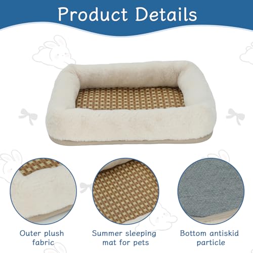 Rabbit Bed, Bunny Bed for Indoor Rabbits, Soft Faux Fur Small Animal Bed with Woven Grass Center Mat, Anti-Slip Bottom,Foldable Hand Washable Bunny Mat for Guinea Pigs,Chinchillas,Ferrets