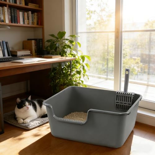 4 Packs Plastic Anti-Splashing Kitty Litter Box, Cat Litter Box High Sides, Grey