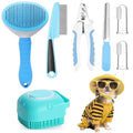 7pcs Pet Grooming Kit, Self-Cleaning Brush Shedding Kit with Nail Clipper, Flea Comb, Shampoo Bath Brush, Finger Toothbrush, Storage Bag (Blue) - color: Blue