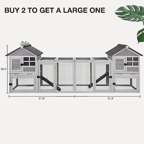 Rabbit Hutch Indoor Outdoor Bunny Cage with 5 Access Doors, Run, Pull-Out Deeper Leakproof Tray and Waterproof Roof - color: Grey