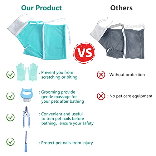 KlerRoem Cat Bathing Bag, Adjustable Anti-bite and Anti-Scratch Cat Shower Mesh Grooming Bag for Pet Dogs and Cats, Includes Pet Nail Clipper, Nail File, Grooming Glove, and Cat Shell Comb - color: Green Set