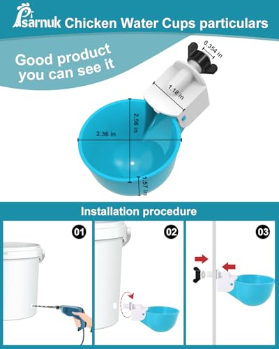 Chicken Waterer Cups (16 Pack) with 3/8" Drill Bit - Light Blue | Automatic Poultry Drinker Feeder Kit for Chickens, Ducks, Turkeys, Quail, Bunnies | DIY Gravity Fed Bucket Water Dispenser - color: Light Blue, size: 16 Pack + Drill bit