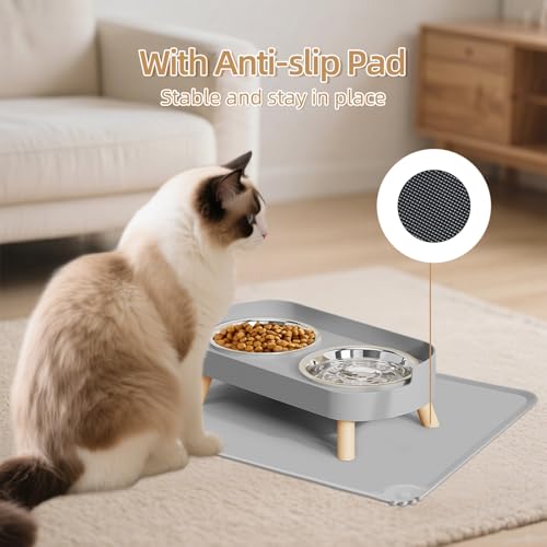 Elevated Cat Bowl with Food Mat, Raised Cat Food and Water Bowl Set for Indoor Cats, Splash Proof with 2 Stainless Steel Pet Food Bowls for Cats and Puppies,Whisker Fatigue and Dishwasher Safe (Grey) - color: Cat Bowls with mat - grey