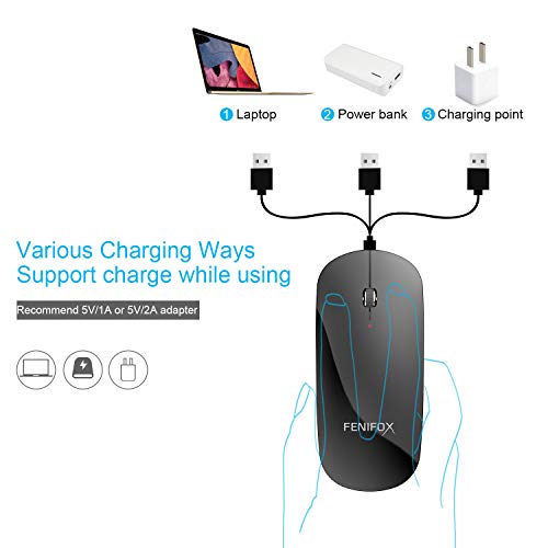 FENIFOX Wireless Bluetooth Mouse, Slim Travel Silent Rechargeable Black | Flat, Portable, Whisper Quiet, 3 Buttons Design , 2400 DPI Precision for iPad Laptop MacBook Tablet iPhone - color: Black