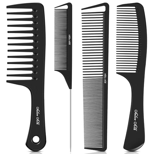 SALONSILK 4PCS Professional Comb Set, Wide Tooth Rat Tail Fine Tooth Hair Combs, Braiding Cutting Barber Styling Curly Parting Set for Men and Women - color: Black-4 PCS