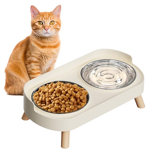 Elevated Cat Bowl, Raised Cat Food and Water Bowl Set for Indoor Cats, Splash Proof with 2 Stainless Steel Pet Food Bowls for Cats and Puppies, Whisker Fatigue and Dishwasher Safe - White - color: Cat Bowls-White