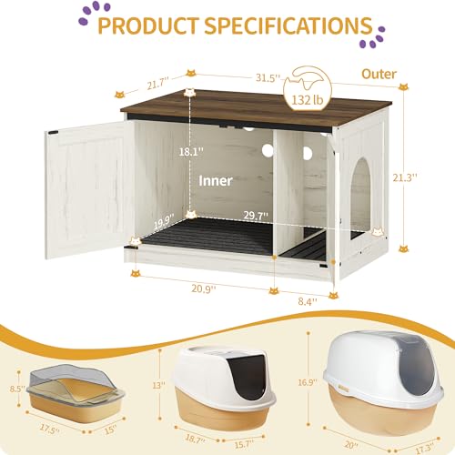 Hzuaneri Cat Litter Box Enclosure, Hidden Litter Box Furniture with Divider | Wooden Cat Cabinet with Removable Dividers, Reversible Entrance Left or Right Side, Cat Washroom, Rustic White Brown CB84614X - color: Rustic White and Brown, size: 31.5"L x 21.