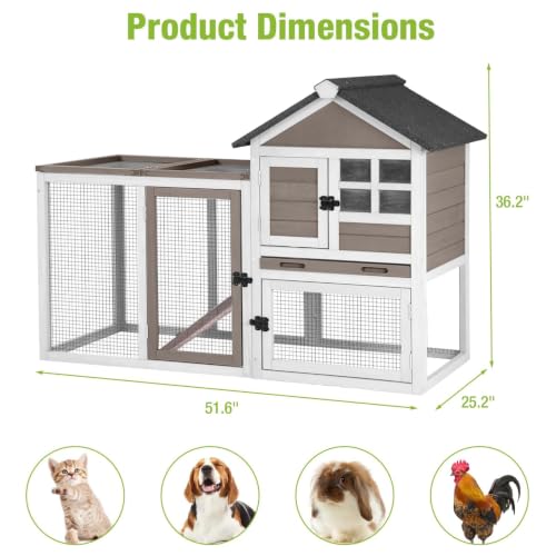 GUTINNEEN Rabbit Hutch Indoor Chicken Coop Outdoor, 51.6''L 2 Story Bunny Cage Weatherproof, Guinea Pig House with Run (Brown)