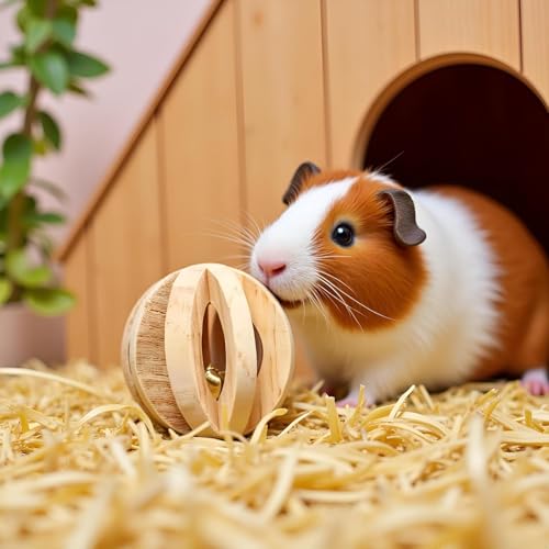 2Pcs Wood Color Natural Wood Dumbells Unicycle Bell Roller Pet Chew Toy for Guinea Pigs Rat Rabbits,Guinea Pig Toys Boredom,Small Animals Will be Very Happy Toys(No Bark Watermelon Ball)