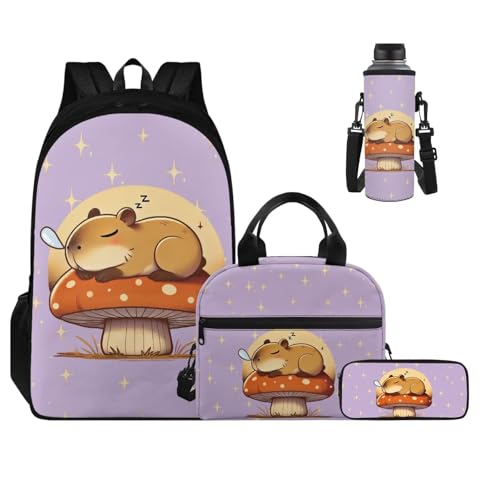 Mushroom Copybara Backpack and Lunch Bag Set for Girls Bookbags for 2Nd Grade Kids Water Bottle Holder and Large Capacity Pencil Case 4 in 1 Set School Presents for Daughter/Son - color: Mushroom Copybara