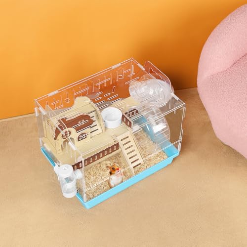 Acrylic Hamster Cage Small Hamster Habitat 360 Viewing Hamster Enclosure with Running Wheel & Hideout for Dwarf, Guinea Pig, Gerbils, Blue, 13.3" L*10.2" W*12.4" H - color: Blue