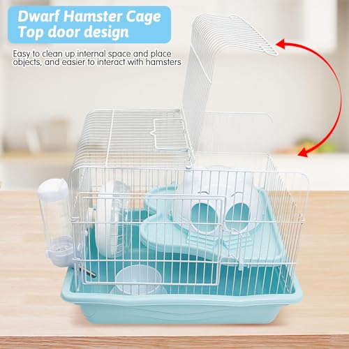 PINVNBY Dwarf Hamster Cage, Small Animal Cages, 2-Tier Travel Portable Mouse Cage Hamster Carrier with Castle House Running Exercise Wheels, Water Bottle and Food Dish（Blue） - color: Blue, size: L: 13.78x10.23x11.02in