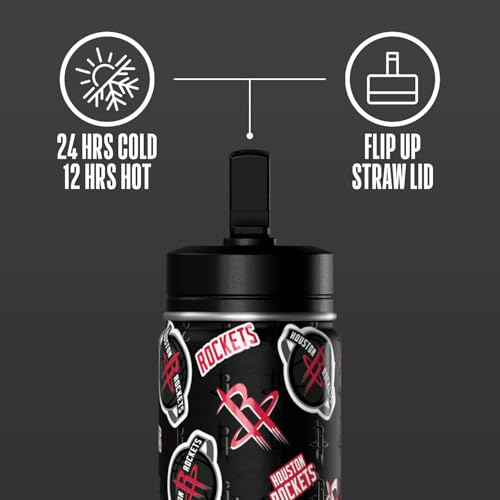 Hydrapeak NBA Officially Licensed Houston Rockets Mini 14oz Kids Stainless Steel Water Bottle with Straw Lid & Flexible Handle, Double Wall Insulated, Spill Proof, Perfect for Back to School - color: Houston Rockets