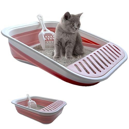 Low Entry Kitten Litter Box Collapsible Shallow Litter Box | Senior Cats Anti-Splashing Kitty Training Open Potty Pan Scoop Leak-proof pedal Cat Toilet No Smell Easy Clean - color: Pink, size: Medium