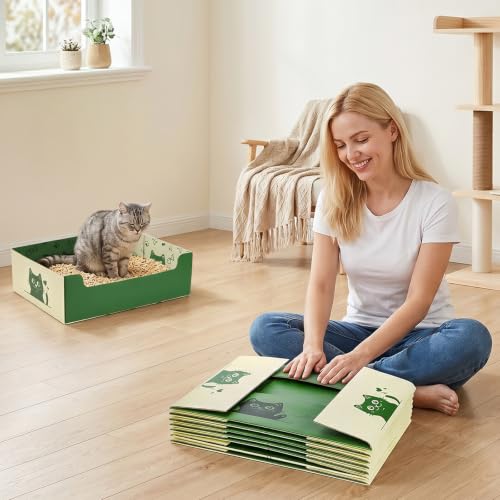 SOUJOY 8 Pcs Disposable Litter Boxes for Cats, Travel Litter Box with Scoop, Double Layer Waterproof Litter Tray for Cats Small Pets, 14.8 x 11.6 x 4.7inch