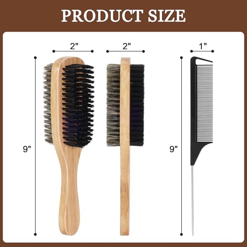 SIMPOR 2PCS Double Sided Boar Bristle Hair Brush Set, 2-in-1 Hair Brush with Rat Tail Comb for Women, Firm and Soft Bristles with Wooden Handle for Detangling, Smoothing, Wave Styles