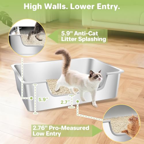 Low Entry Litter Box for Senior or Disabled & Injured Cats, Stainless Steel High Sided Enclosed Easy Step in Entry-Metal Kitty Litter Box for Kittens, Odor Control (17.7"x13.8"x5.9") - size: M-17.7"x13.8"x5.9"