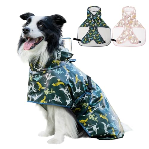 Dog Raincoat,Dog Rain Jacket Poncho with Hood and Leash Hole(Dinosaur,2XL) | Windproof,Waterproof,Leash Loop,Adjustable,Dinosaur Design - color: Green, size: 2XL(31-39lbs)