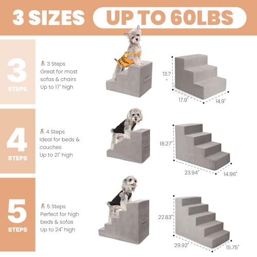 MEWANG Dog Stairs for Small Dogs, Medium Dogs & Old Cats – 4-Step Pet Ramp with High-Density Foam for Bed and Couch, Non-Slip Bottom, Washable Cover, Grey (23.9" L x 14.9" W x 18.2" H)