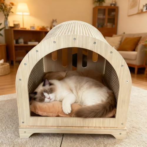 Modern Cat House for Indoor Cats, 2-in-1 Cat Scratcher Lounge with Cozy Cushion, Wooden Furniture Style Cat Condo Bed for Cats & Kittens