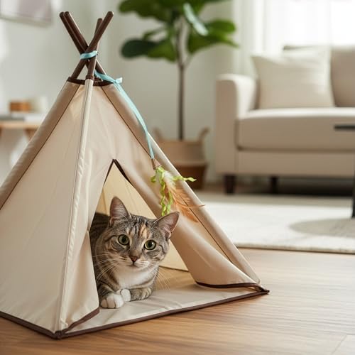 SmartyKat Kitty Camp Crinkle Cat Tent Hideaway, Collapsible Tent with Detachable Feather Toy for Privacy & Play for Cats & Kittens, Beige, One Size - style: Kitty Camp Tent