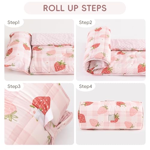 david's kids Minky Toddler Nap Mat with Pillow and Minky Fleece Blanket, 55"x23",Ultra Soft Slumber Bags for Kids, Perfect for Preschool, Daycare, Kids Sleeping Bags with Rollup Design, Strawberry - color: Strawberry