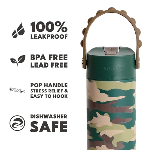 Elemental 100% Leak Proof When Spout is Closed Insulated Kids Water Bottle, Stainless Steel Bottle for School with Straw Lid & Pop-It Handle, Skater Dinos & Green Camo -18oz (2 Pack) - color: Dinos & Green Camo