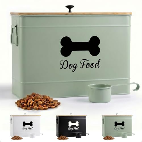 Metal Dog Food Container 15-20 lbs w/ Airtight Bamboo Lid, 70 Cup Capacity | Pet Jar For Dogs up to 100lbs, Airtight Bamboo Lid, Sturdy Comfortable Metal Handle, Powder Coated Iron, Kibble Storage Bin - color: Sage Green