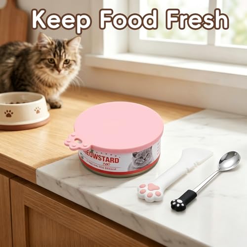 4 PCS Pet Food Can Accessory Set, Reusable Pink Silicone Can Lids with Feeding Shovel and Stainless Steel Spoon for Cat Dog Wet Food Storage