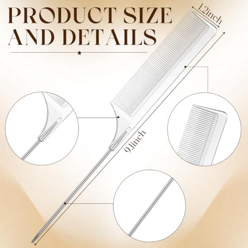 Leinuosen 3 Pack Rat Tail Comb Carbon Fiber,Clear | Steel Pin Tail for Sectioning, Heat Resistant Teasing, Pick Comb for Women Wig Styling, Fishtail Design for Salon Updos - color: Clear
