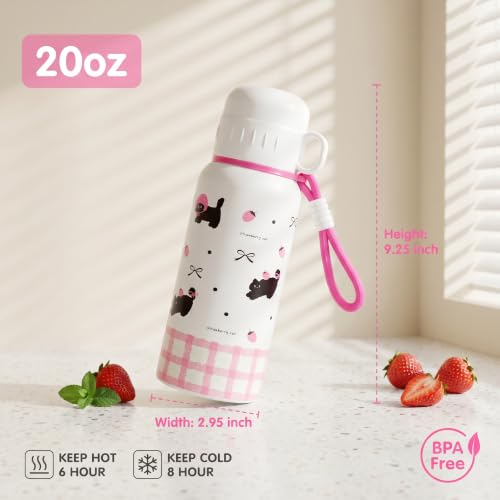 20oz Cat Stainless Steel Insulated Water Bottle | Double Wall Vacuum Tumbler, Leakproof, Dual Use Straight Drink & Straw Lid, Travel Office Outdoor - color: Strawberry Black Cat