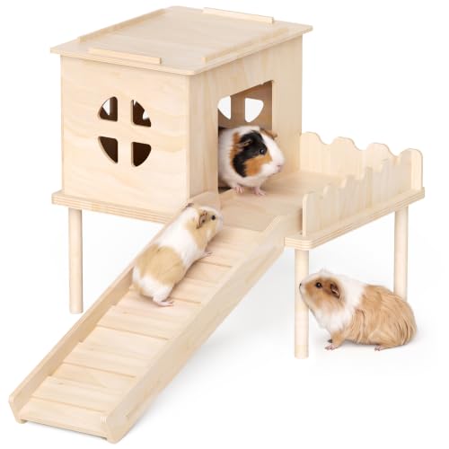 Guinea Pig Hideout, Guinea Pig House & Castle with Ramp, Platform | Multi Level Fun, Pet Friendly Wooden Board, Easy‑Climb Ramp, Well‑Ventilated Resting House, Available for Multiple Species - size: Style 2: 11.8 x 11 inches