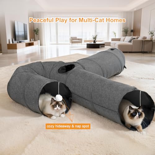 Ownpets 12" Large Cat Tunnel 3-Way U-Shape Oxford Fabric for Large Cat | Silent oxford fabric no noise, expandable 3-channel design, with plush ball ,feather wand, peek hole, for multi-cat household - size: 12 Inches in Diameter