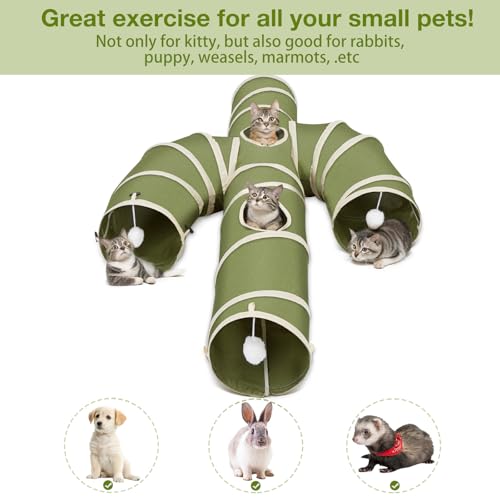 Ownpets Cactus Cat Tunnel 12" with Peek Holes for Indoor Large Cat, Green | Durable Oxford fabric, noise-free, foldable & connectable, multi-cat friendly, tube for cats up to 20lb, includes ball & wand - size: 12 Inches in Diameter