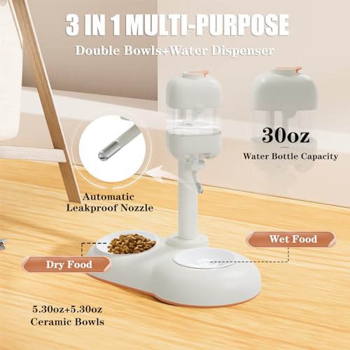 Pet Bowls with Weaning Bottles,3 in 1 Height Adjustable Water Dispenser for Dogs,15°Tilted Food Bowls for Small Dogs,Puppy Feeding,Pet Food Bowls for Cats,Rabbits,Ferrets - color: White
