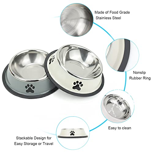 Stainless Steel Dog Bowls, Food and Water Non Slip Anti Skid Stackable Pet Puppy Dishes for Small, Medium and Large Dogs (2 Pack) - color: White & Grey, size: ¾ Cup/7 oz