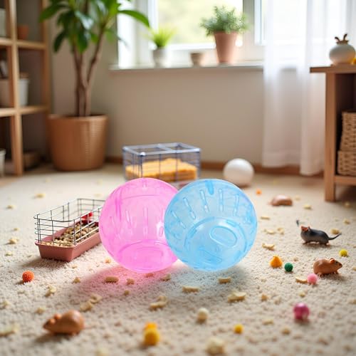2Pcs Blue and Pink Rotundity Hamster Balls Hamster Ball Transparent Dwarf Exercise Balls Running Wheel Gerbil, Running,Small Animals Silent Motion Wheel Portable and Compact Supplies