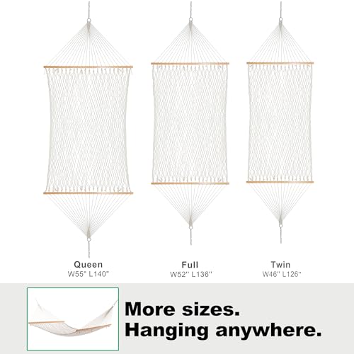 GAFETE Rope Hammock 2 Person Traditional Hand Woven Outdoor Cotton Hammocks with Hardwood Spreader Bar, Max 450 lbs Capacity (Natural Beige, Large) - color: Natural Beige, size: Large