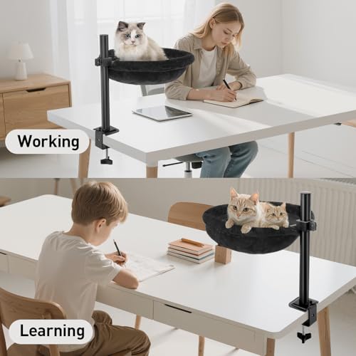 Cat Desk Bed, Reversible Cat Hammock for Desk Use, Clamp-On Metal, Black | 360 Rotating, Height Adjustable, Supports up to 45lbs, Machine Washable, Large Cats & Kittens, Indoor, Office & Game Tables - color: Black